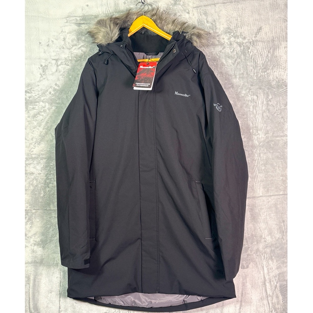 NWT New Moosejaw Black FullZip Duck Down Filled Parka Adjustable Hood Size Large